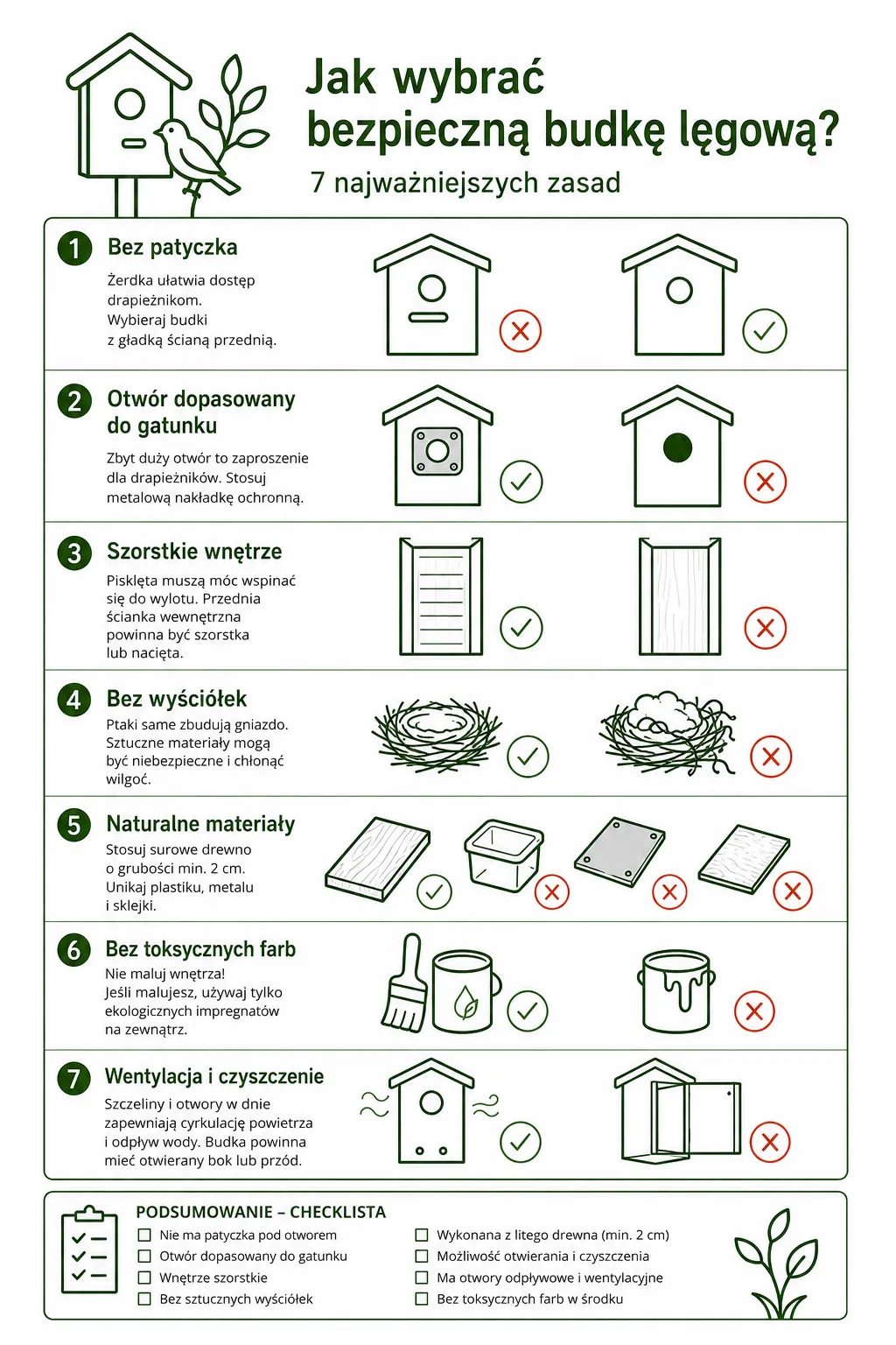 Infografika 7 zasad bezpiecznej budki lęgowej